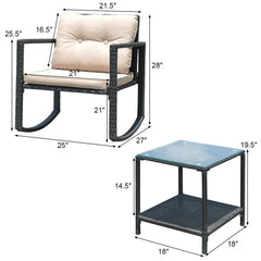 3 Piece Patio Wicker Rocking Chair Set, 2 Black Wicker Rockers Rated 360 lb with Beige Cushions and a Glass Top Table with Shelf