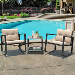 3 Piece Patio Wicker Rocking Chair Set, 2 Black Wicker Rockers Rated 360 lb with Beige Cushions and a Glass Top Table with Shelf