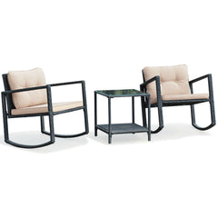 3 Piece Patio Wicker Rocking Chair Set, 2 Black Wicker Rockers Rated 360 lb with Beige Cushions and a Glass Top Table with Shelf