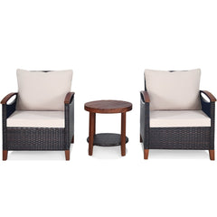3 Piece Patio Wicker Set with Acacia Wood Arms, 2 Chairs Rated 360 lb with Beige Cushions and a Two Tier Round Acacia Table
