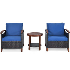 3 Piece Patio Rattan Set with Acacia Wood Arms and Legs, 2 Chairs Rated 360 lb with Blue Cushions and 2 Tier Round Table