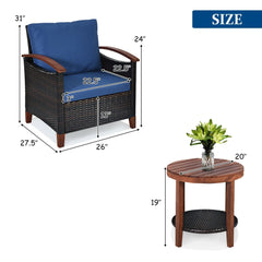 3 Piece Patio Rattan Set with Acacia Wood Arms and Legs, 2 Chairs Rated 360 lb with Blue Cushions and 2 Tier Round Table