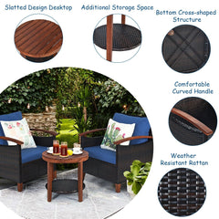 3 Piece Patio Rattan Set with Acacia Wood Arms and Legs, 2 Chairs Rated 360 lb with Blue Cushions and 2 Tier Round Table