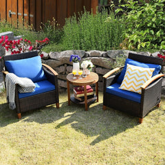 3 Piece Patio Rattan Set with Acacia Wood Arms and Legs, 2 Chairs Rated 360 lb with Blue Cushions and 2 Tier Round Table