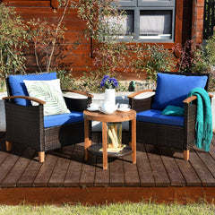 3 Piece Patio Rattan Set with Acacia Wood Arms and Legs, 2 Chairs Rated 360 lb with Blue Cushions and 2 Tier Round Table