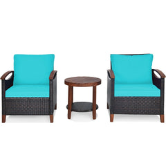 3 Piece Patio Rattan Set with Acacia Wood Arms and Legs, 2 Chairs Rated 360 lb with Turquoise Cushions and 2 Tier Round Table