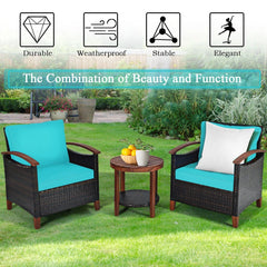 3 Piece Patio Rattan Set with Acacia Wood Arms and Legs, 2 Chairs Rated 360 lb with Turquoise Cushions and 2 Tier Round Table
