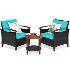 3 Piece Patio Rattan Set with Acacia Wood Arms and Legs, 2 Chairs Rated 360 lb with Turquoise Cushions and 2 Tier Round Table