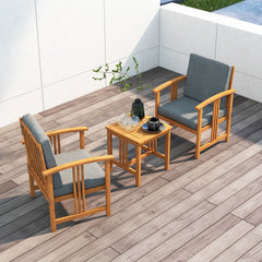 3 Piece Acacia Wood Patio Sofa Set, 2 Chairs Rated 360 lb with Grey Cushions on Hidden Zips and 18 in Side Table