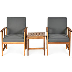 3 Piece Acacia Wood Patio Sofa Set, 2 Chairs Rated 360 lb with Grey Cushions on Hidden Zips and 18 in Side Table