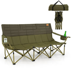 3 Person Folding Camping Chair with 2 Cup Holders Cotton Padding & Storage Bag-Green