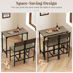 3 Piece Bar Table Set with Backrest and Footrest for Small Space-Gray