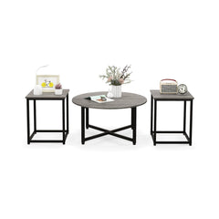 3-Piece Coffee Table Set, Round Coffee Table with 2 Square End Tables, Grey