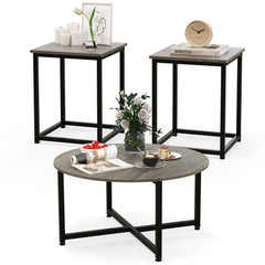 3-Piece Coffee Table Set, Round Coffee Table with 2 Square End Tables, Grey