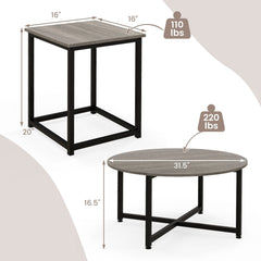 3-Piece Coffee Table Set, Round Coffee Table with 2 Square End Tables, Grey