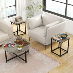 3-Piece Coffee Table Set, Round Coffee Table with 2 Square End Tables, Grey
