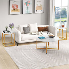 3-Piece Coffee Table Set, Round Coffee Table with 2 Square End Tables, White and Gold