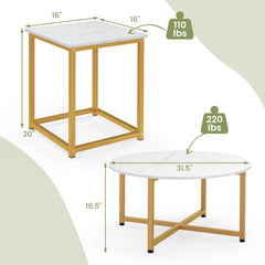 3-Piece Coffee Table Set, Round Coffee Table with 2 Square End Tables, White and Gold