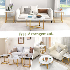 3-Piece Coffee Table Set, Round Coffee Table with 2 Square End Tables, White and Gold