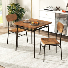 3 Piece Dining Table Set for 2 Wood Square Table with Metal Frame-Brown