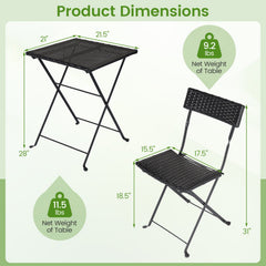 3 Piece Folding Bistro Set, Black PE Wicker Square Table and 2 Chairs on X Shaped Metal Frames