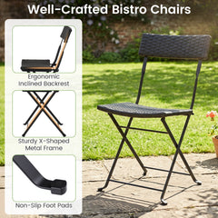 3 Piece Folding Bistro Set, Black PE Wicker Square Table and 2 Chairs on X Shaped Metal Frames
