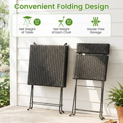 3 Piece Folding Bistro Set, Black PE Wicker Square Table and 2 Chairs on X Shaped Metal Frames