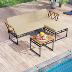 3 Piece L Shaped Patio Sectional Set, Acacia and Metal Loveseat and Chaise Rated 800 lb Each with Beige Cushions and a 20 in Acacia Table