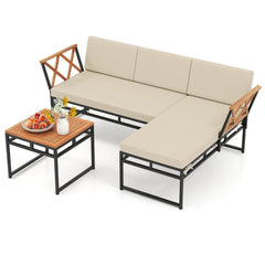 3 Piece L Shaped Patio Sectional Set, Acacia and Metal Loveseat and Chaise Rated 800 lb Each with Beige Cushions and a 20 in Acacia Table