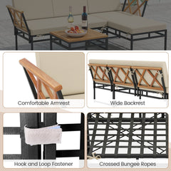 3 Piece L Shaped Patio Sectional Set, Acacia and Metal Loveseat and Chaise Rated 800 lb Each with Beige Cushions and a 20 in Acacia Table