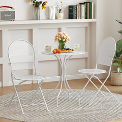 3 Piece White Metal Bistro Set, 24 Inch Round Patio Table and 2 Folding Chairs That Store 5 Inches Flat