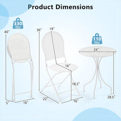 3 Piece White Metal Bistro Set, 24 Inch Round Patio Table and 2 Folding Chairs That Store 5 Inches Flat