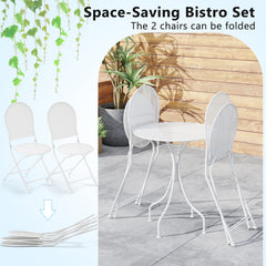 3 Piece White Metal Bistro Set, 24 Inch Round Patio Table and 2 Folding Chairs That Store 5 Inches Flat