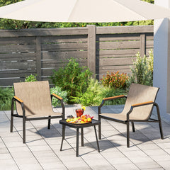 3 Piece Outdoor Chair Set, 2 Sling Armchairs with 21.5 in Wide Seats Rated 330 lb and 17.5 in Black Tempered Glass Table, Brown