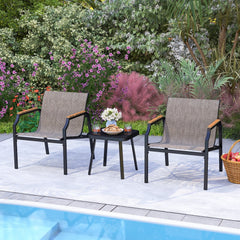 3 Piece Outdoor Chair Set, 2 Sling Armchairs with 21.5 in Wide Seats Rated 330 lb and 17.5 in Black Tempered Glass Table, Brown