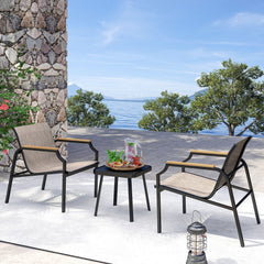 3 Piece Outdoor Chair Set, 2 Sling Armchairs with 21.5 in Wide Seats Rated 330 lb and 17.5 in Black Tempered Glass Table, Brown