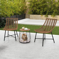 3 Piece Outdoor Rattan Chair Set with 2 in 1 Pet House Side Table, 2 Chairs Rated 360 lb and Removable Round Pet Cushion, Light Brown