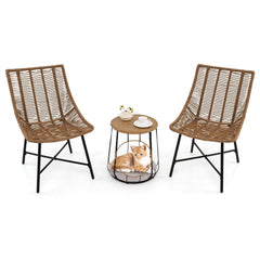 3 Piece Outdoor Rattan Chair Set with 2 in 1 Pet House Side Table, 2 Chairs Rated 360 lb and Removable Round Pet Cushion, Light Brown