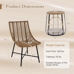 3 Piece Outdoor Rattan Chair Set with 2 in 1 Pet House Side Table, 2 Chairs Rated 360 lb and Removable Round Pet Cushion, Light Brown