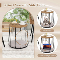 3 Piece Outdoor Rattan Chair Set with 2 in 1 Pet House Side Table, 2 Chairs Rated 360 lb and Removable Round Pet Cushion, Light Brown