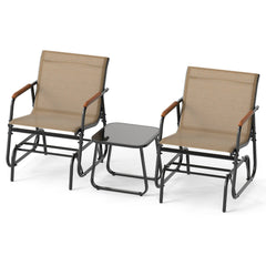 3 Piece Patio Glider Bistro Set, 2 Coffee Sling Glider Chairs Rated 330 lb with Teak Armrests and a Glass Top Side Table