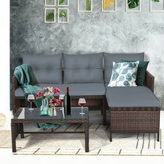 3 Piece L Shaped Patio Wicker Sofa Set with Corner Chaise, Grey Cushions and a 31.5 in Glass Top Coffee Table