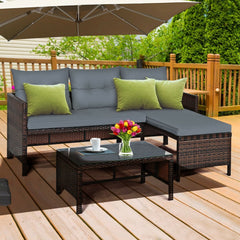 3 Piece L Shaped Patio Wicker Sofa Set with Corner Chaise, Grey Cushions and a 31.5 in Glass Top Coffee Table