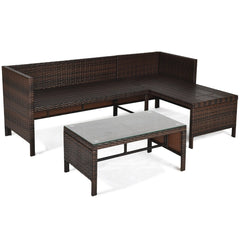 3 Piece L Shaped Patio Wicker Sofa Set with Corner Chaise, Grey Cushions and a 31.5 in Glass Top Coffee Table