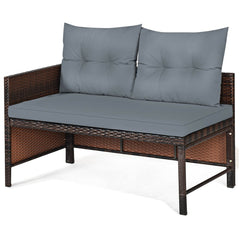 3 Piece L Shaped Patio Wicker Sofa Set with Corner Chaise, Grey Cushions and a 31.5 in Glass Top Coffee Table