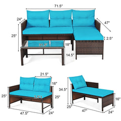 3 Piece L Shaped Patio Wicker Sofa Set with Corner Chaise, Turquoise Cushions and a 31.5 in Glass Top Coffee Table