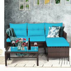 3 Piece L Shaped Patio Wicker Sofa Set with Corner Chaise, Turquoise Cushions and a 31.5 in Glass Top Coffee Table