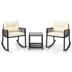 3 Piece Outdoor PE Rattan Rocking Bistro Set with Acacia Armrests and 2 Tier Tempered Glass Table, Cream Cushions