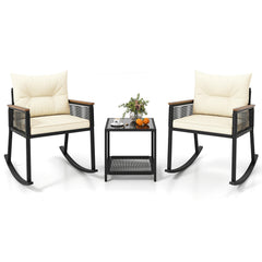 3 Piece Outdoor PE Rattan Rocking Bistro Set with Acacia Armrests and 2 Tier Tempered Glass Table, Cream Cushions