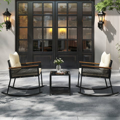 3 Piece Outdoor PE Rattan Rocking Bistro Set with Acacia Armrests and 2 Tier Tempered Glass Table, Cream Cushions